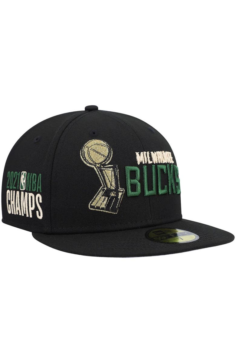 New Era Men's New Era Black Milwaukee Bucks Champs Trophy 59FIFTY Fitted Hat, Alternate, color, 