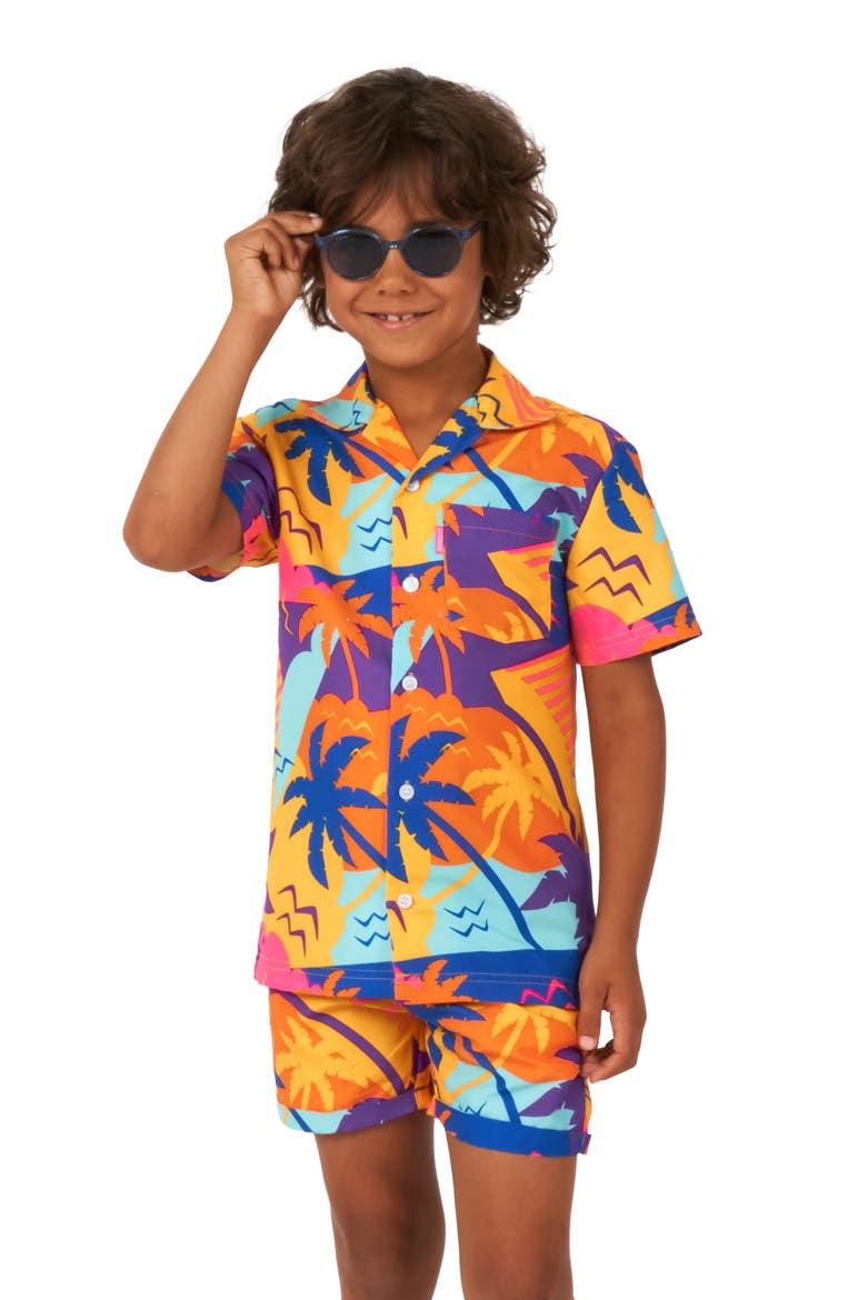 Kids' Palm Power Camp Shirt & Shorts Set, Alternate, color, ORANGE MULTI