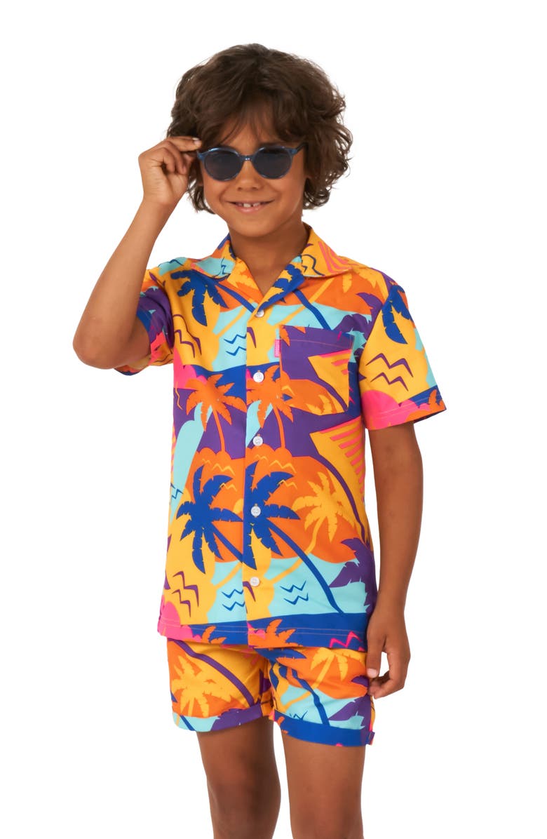 OppoSuits Kids' Palm Power Camp Shirt & Shorts Set, Alternate, color, Orange Multi