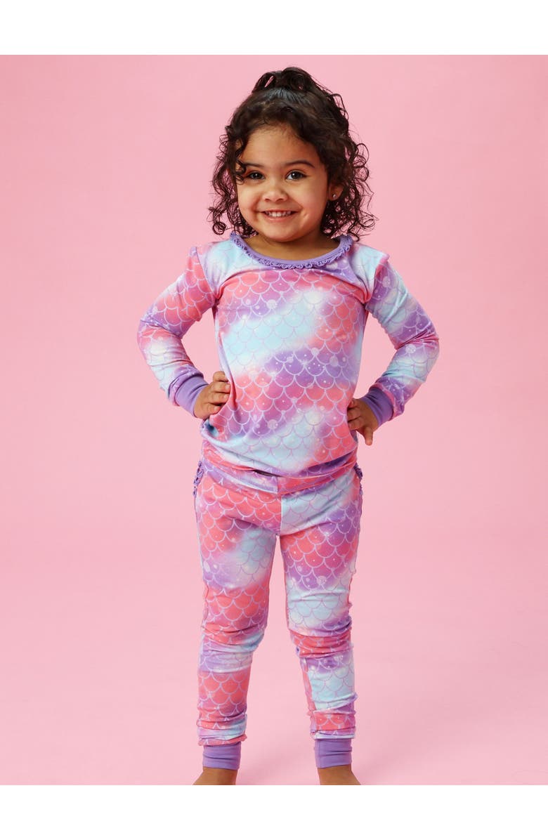 RuffleButts Toddler Girls Modal Blend Ruffle Long Sleeve Pajama Set, Signature Rear Ruffles, Alternate, color, Shimmer Mermaid Tale