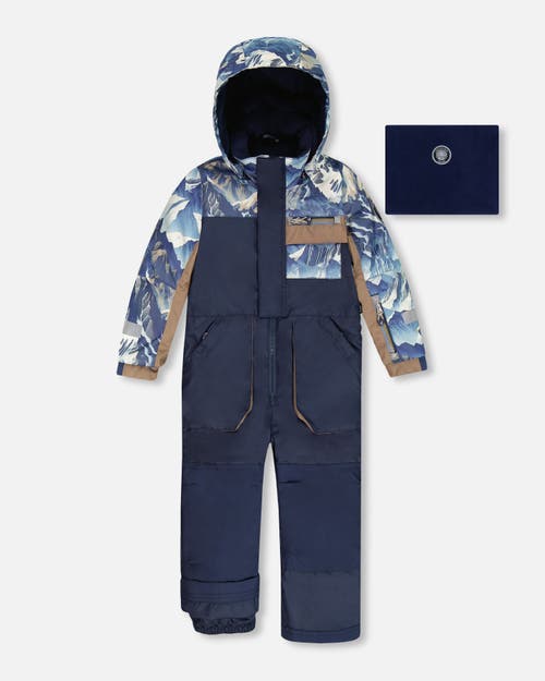 Deux Par Deux One-piece Play Snowsuit With Mountains In Blue