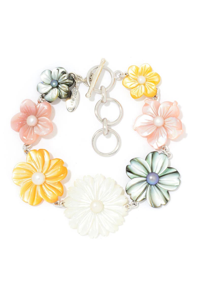 Carved Mother of Pearl Flower Bracelet, Main, color, MULTI