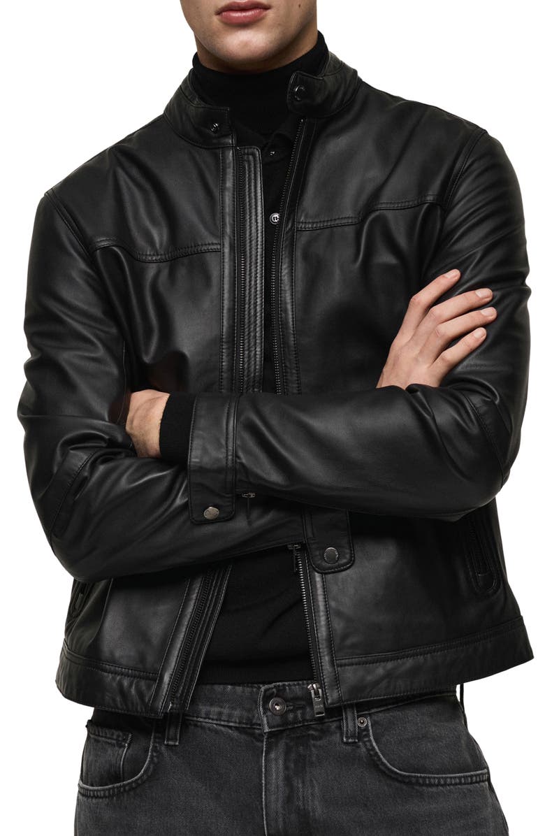 MANGO Leather Biker Jacket, Main, color, 