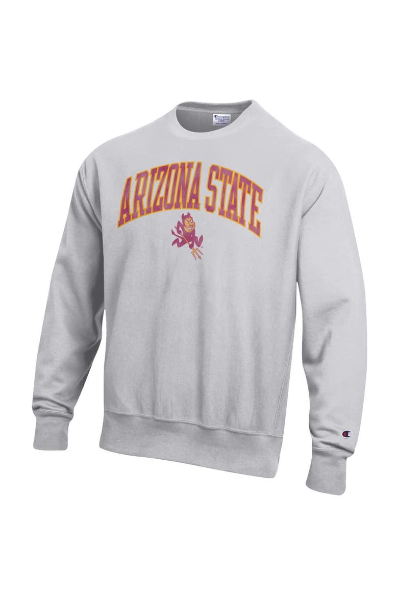 Men's Champion Gray Arizona State Sun Devils Distressed Arch Over Logo Reverse Weave Crew Neck Sweatshirt, Alternate, color, Gray