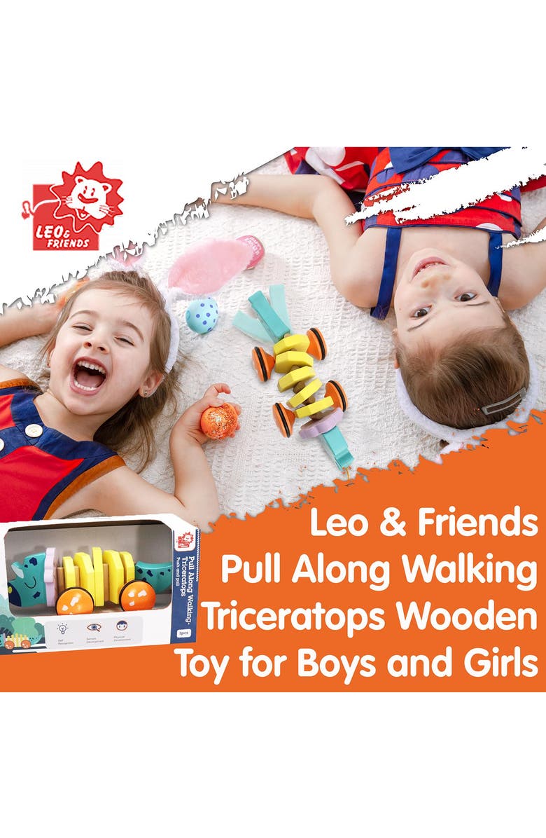 Leo & Friends Pull Along Walking Triceratops Wooden Toy - Flexible Dino Walk Along Toy, Pushes and Pulls, Alternate, color, Yellow