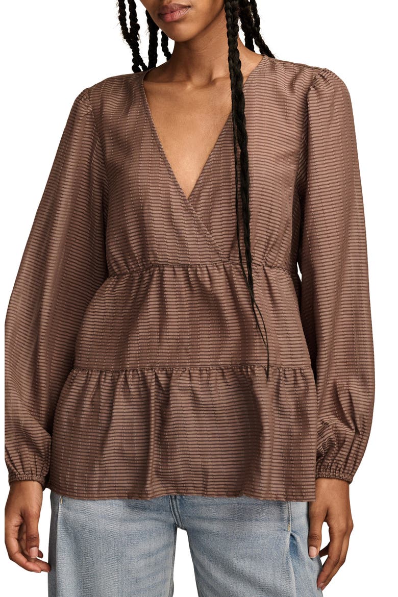 Stripe Surplice Neck Tiered Top, Main, color, DEEP TAUPE