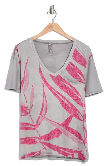 Go Couture V-neck Pocket T-shirt In Charcoal Pink Tropical Prnt