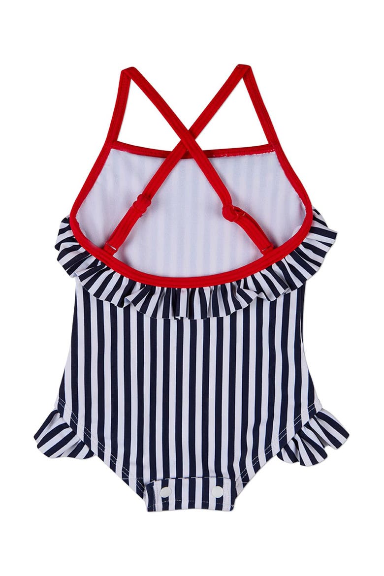 Nautical Striped Ruffle Racerback Swimsuit, Main, color, Navy