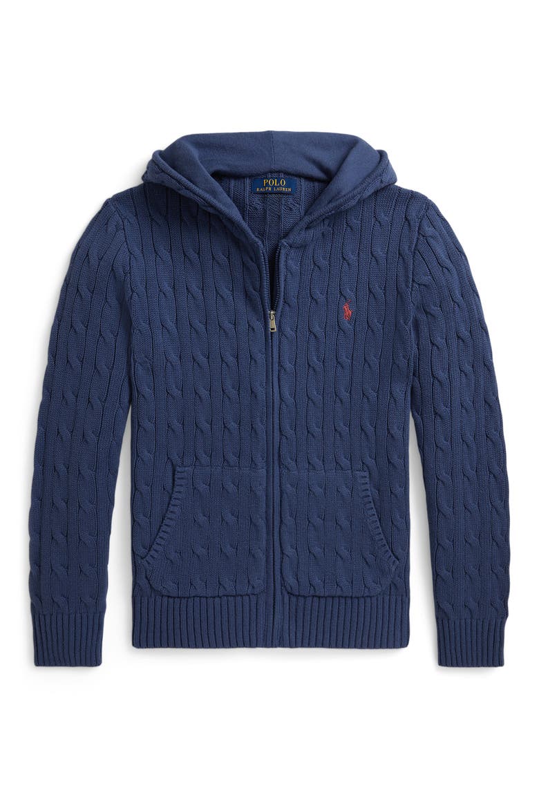 Kids' Cable Cotton Hooded Full Zip Sweater, Main, color, OLD ROYAL