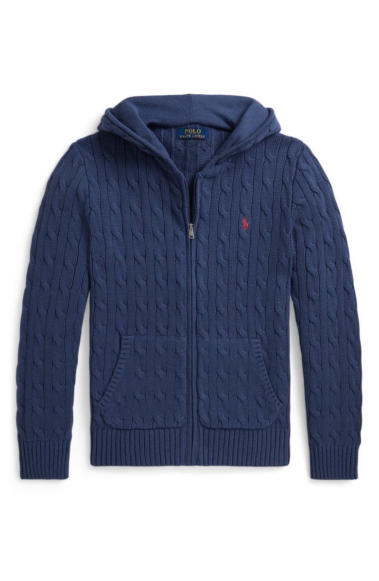 Polo Ralph Lauren Kids' Cable Cotton Hooded Full Zip Sweater, Main, color, Old Royal