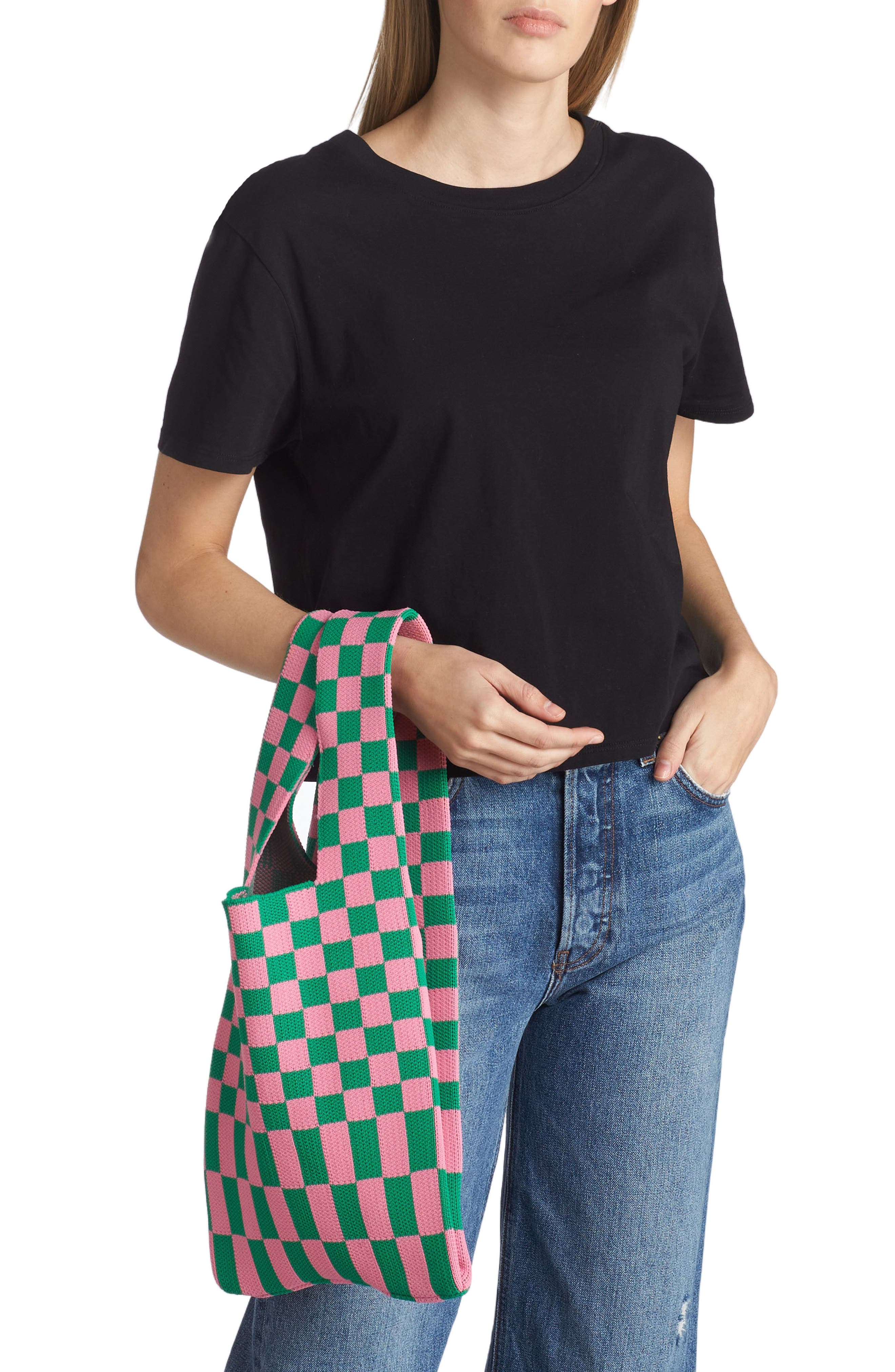 Checkered Shopping Tote, Alternate, color, PINK / GREEN