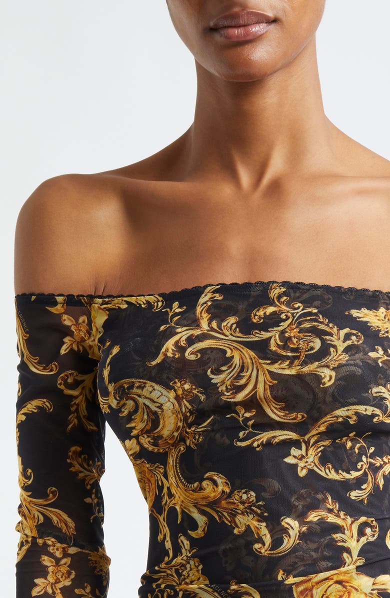 L'AGENCE Peonie Off the Shoulder Mesh Bodysuit, Alternate, color, Black/ Gold Barocco Swirl