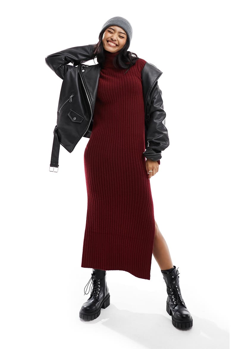 Long Sleeve Ribbed Sweater Dress, Main, color, BURGUNDY