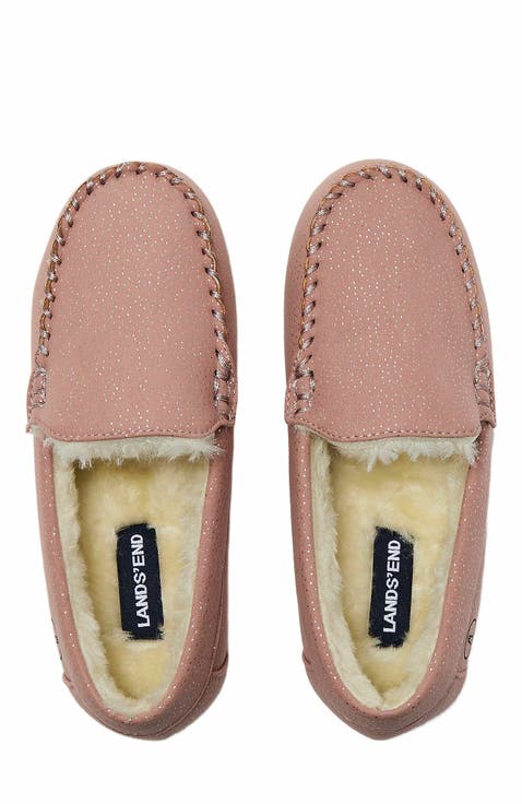 Kids Fuzzy Lined Shimmer Moccasin Slippers