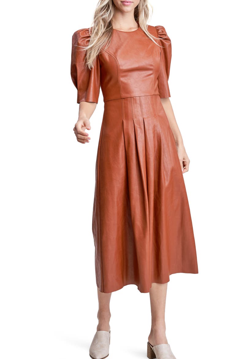 Faux Leather Puff Sleeve Midi Dress, Alternate, color, BROWN