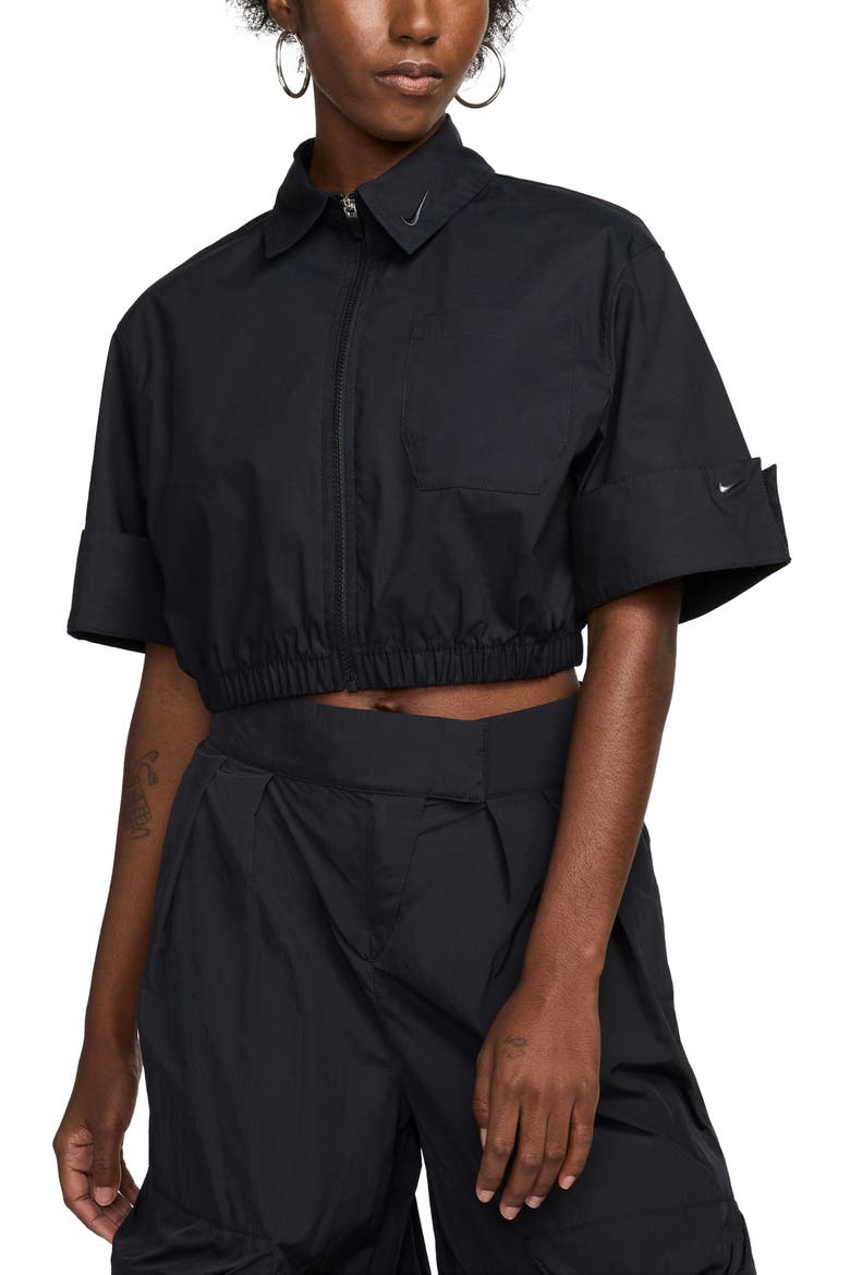 Zip-Up Poplin Crop Top, Main, color, BLACK/ ANTHRACITE