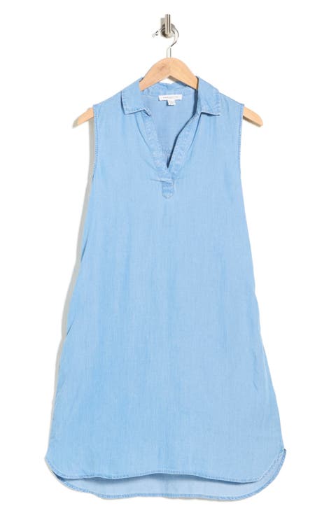 Jinni Split Neck Sleeveless Denim Shift Dress