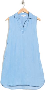 beachlunchlounge Jinni Split Neck Sleeveless Denim Shift Dress