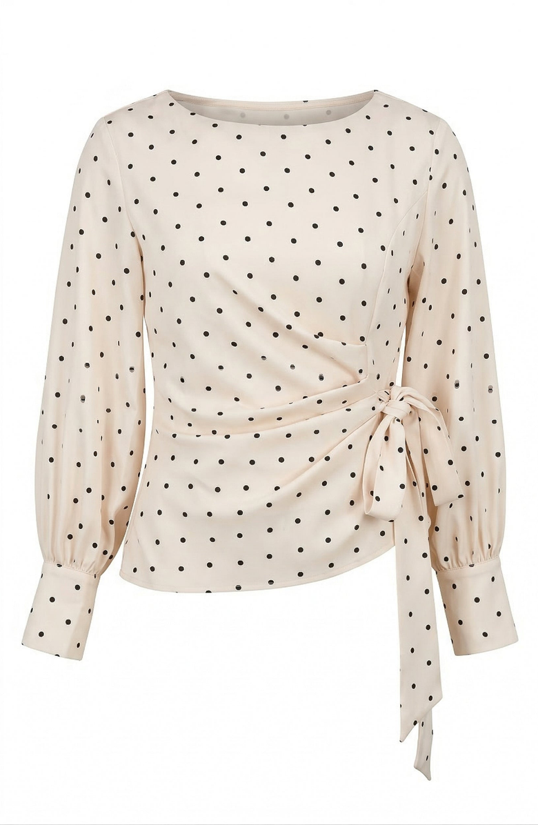 Modenaire Polka Dot Wrap Top, Alternate, color, Beige With Black Polka Dots