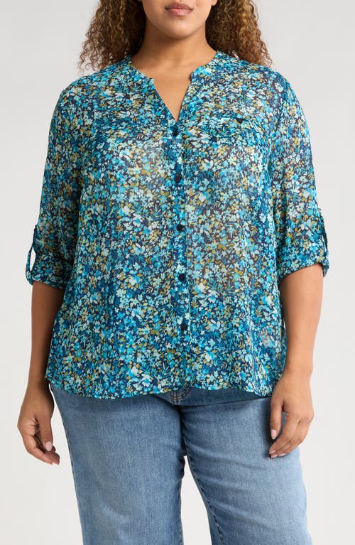 Kut From The Kloth Jasmine Roll Sleeve Top In Potenza Navy Aqua