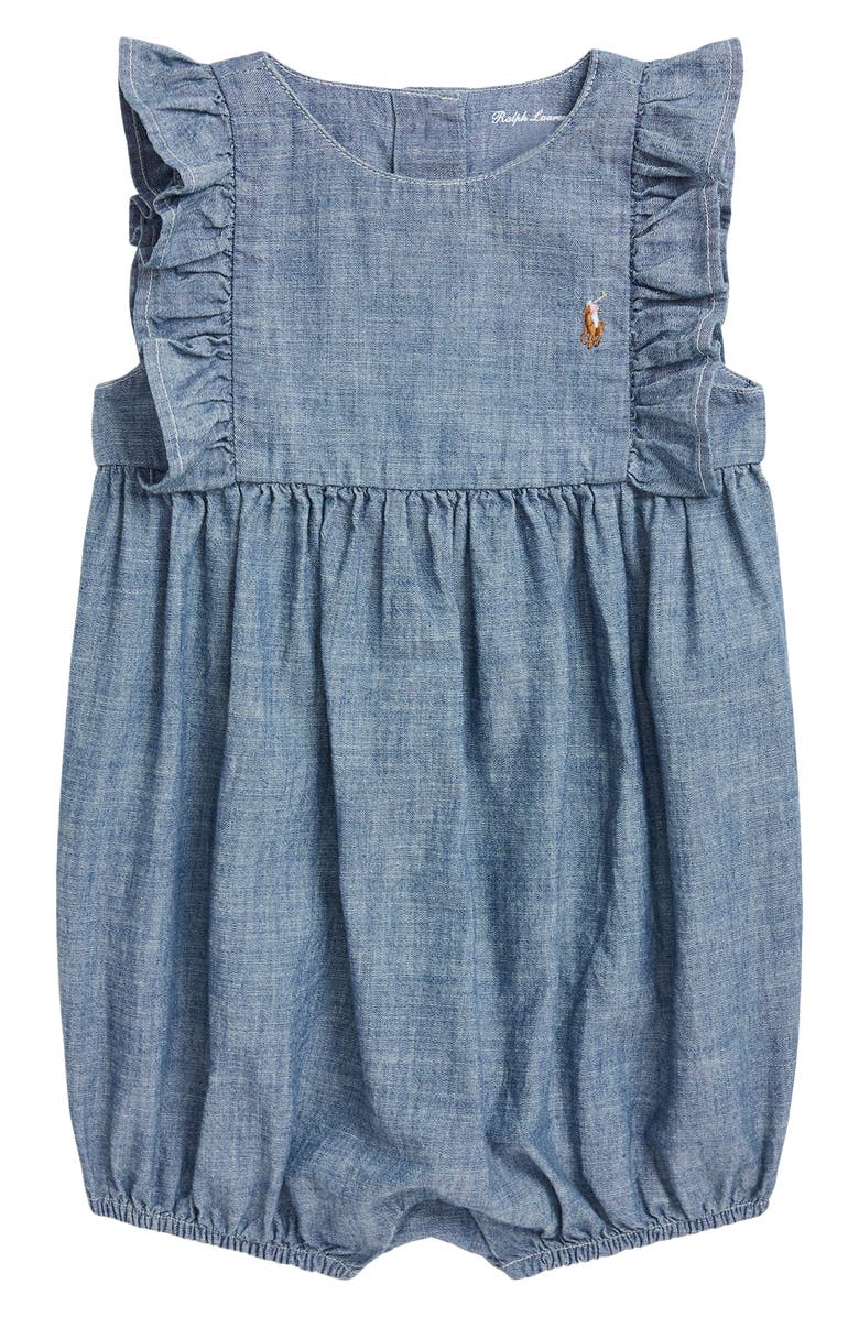 Ralph Lauren Chambray Ruffle Bubble Romper, Main, color, 