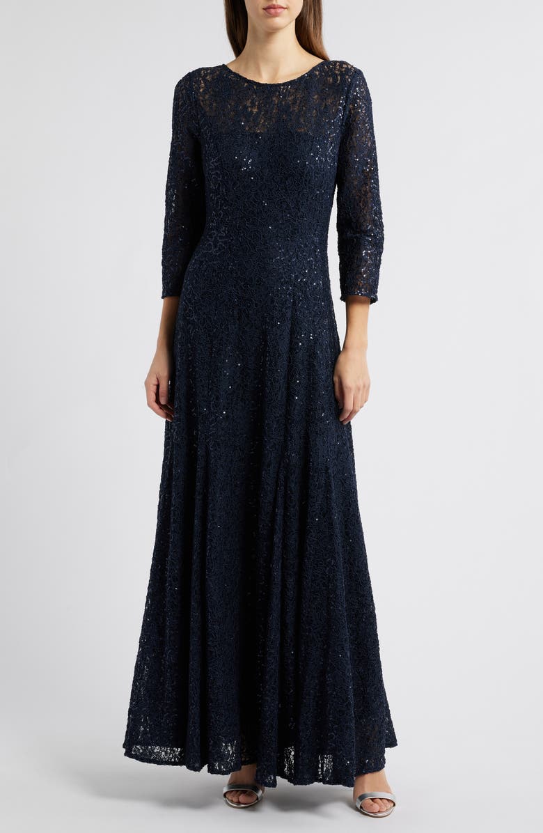 Tahari ASL Sequin Lace A-Line Gown, Main, color, Navy