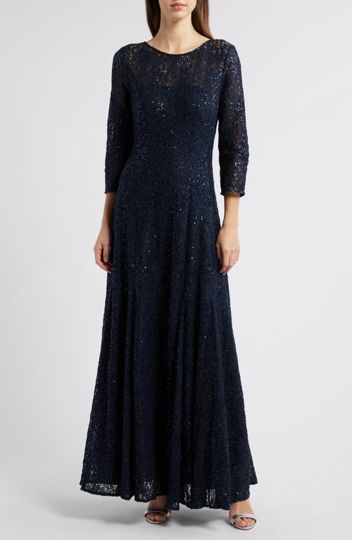 Tahari Asl Sequin Lace A-line Gown In Navy