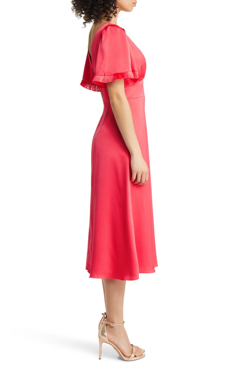 Vince Camuto Fringe Flutter Sleeve Satin Midi Dress, Alternate, color, 