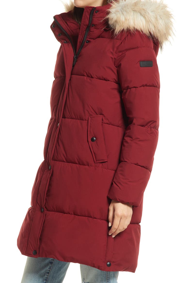 Cocoon Faux Fur Trim Water Repellent Coat, Alternate, color, CABARNET