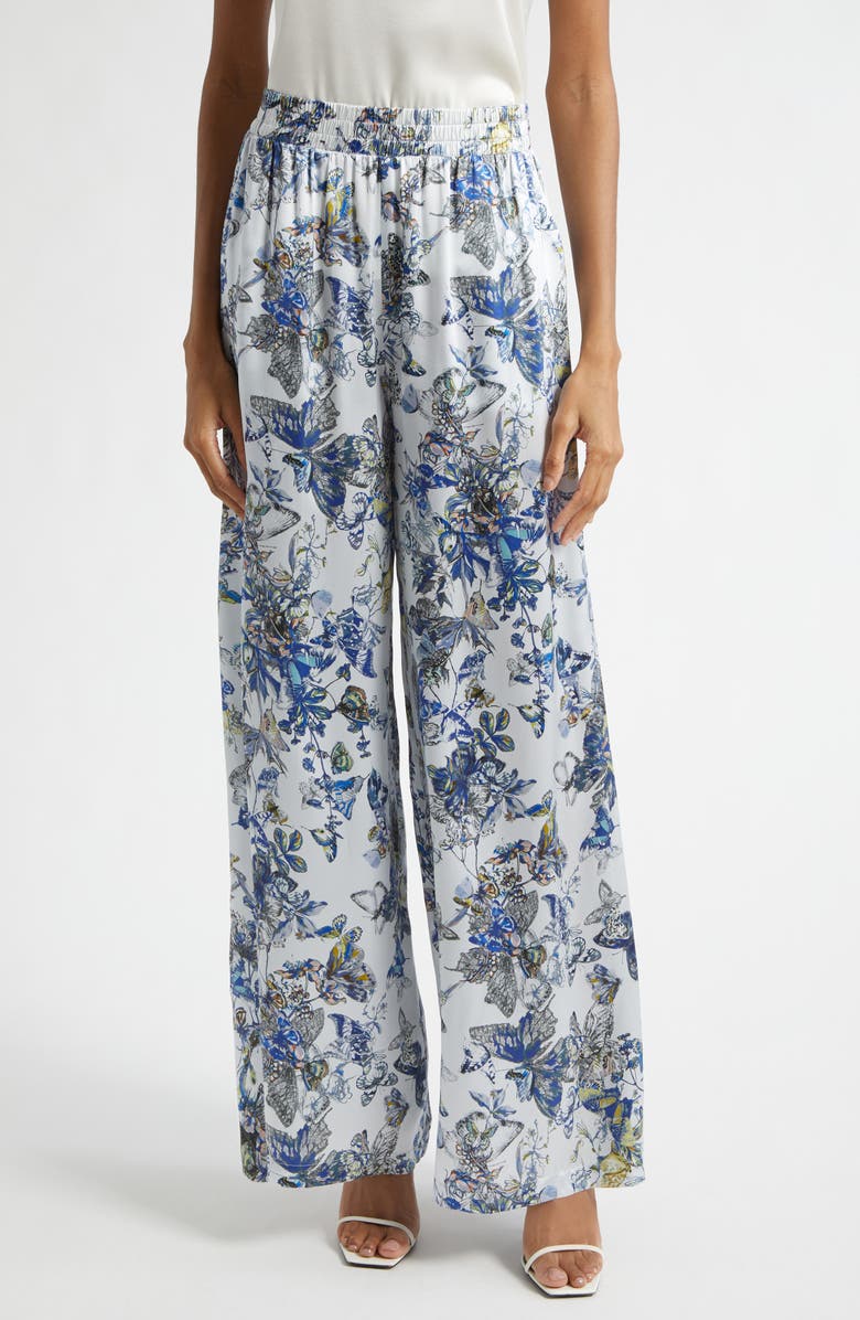 L'AGENCE Lillian Butterfly Print Wide Leg Silk Pants, Main, color, Grey Multi Watercolr Butterfly