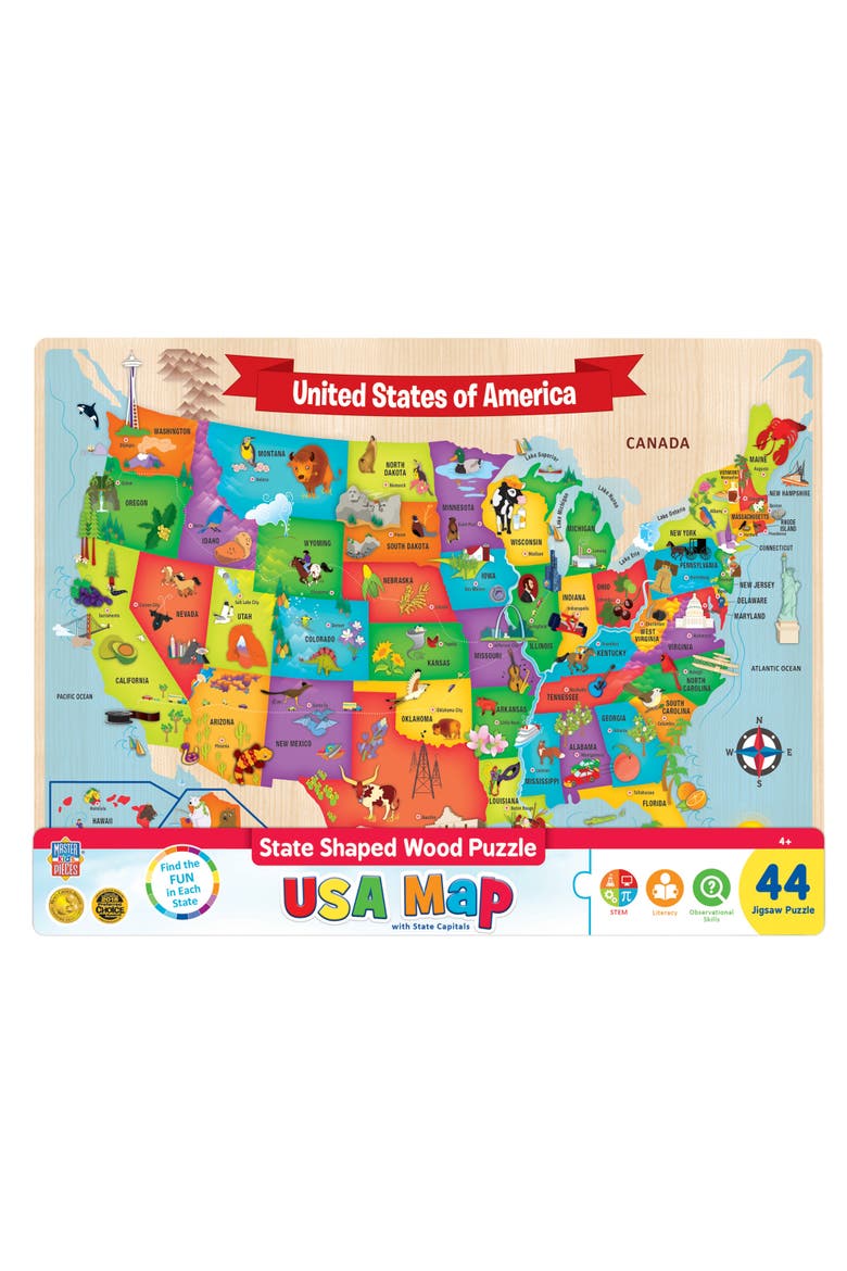 USA Map - 44 Piece Wood Jigsaw Puzzle, Main, color, Multicolor