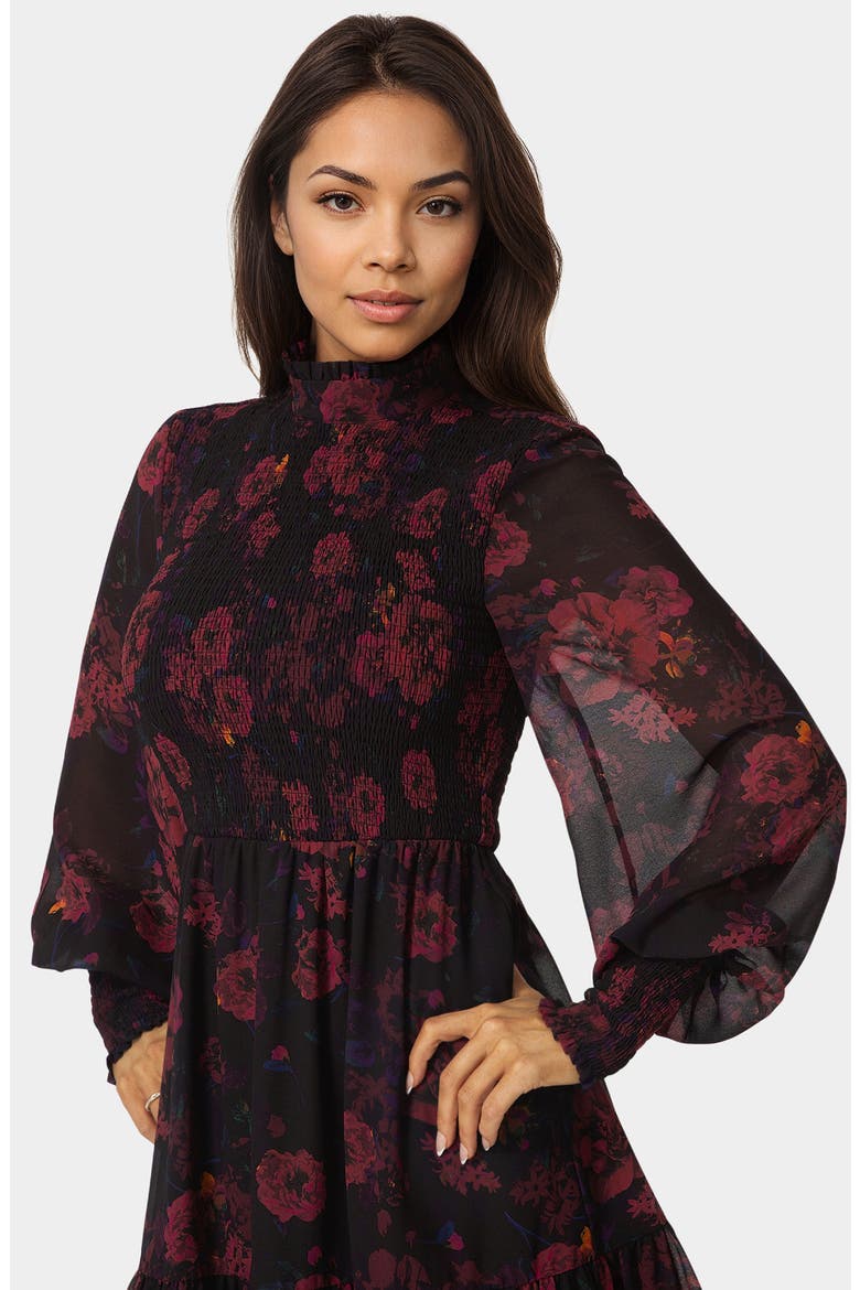 Floral Smocked Long Sleeve Chiffon Minidress, Alternate, color, DARK RED