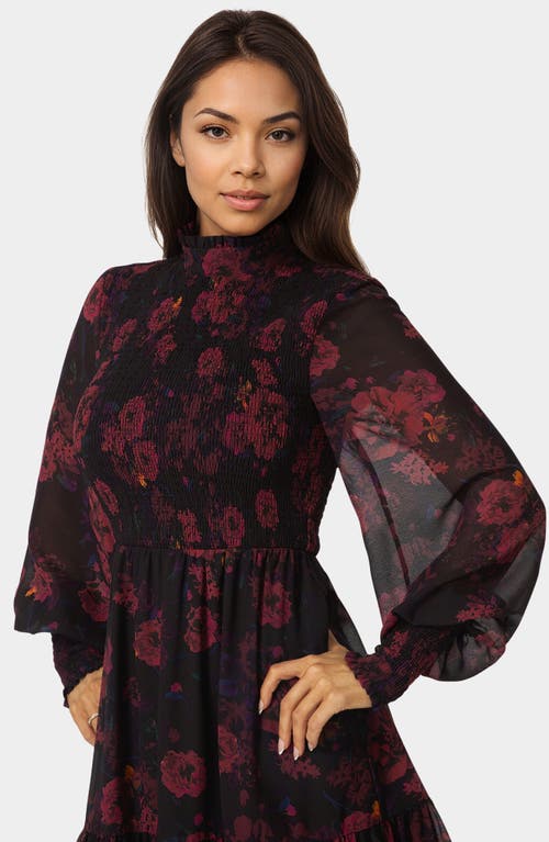 Bebe Floral Smocked Long Sleeve Chiffon Minidress In Multi