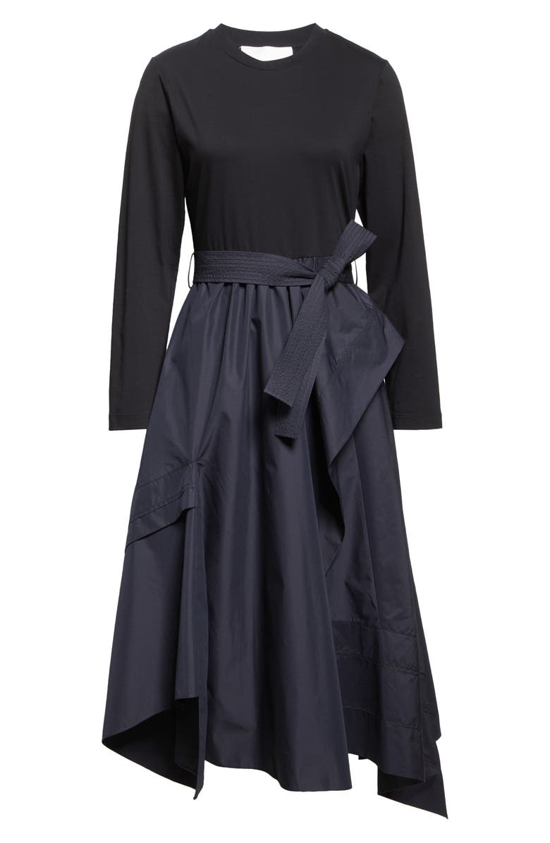 3.1 Phillip Lim Mixed Media Long Sleeve Handkerchief Hem Cotton Blend Dress, Alternate, color, Black/ Midnight