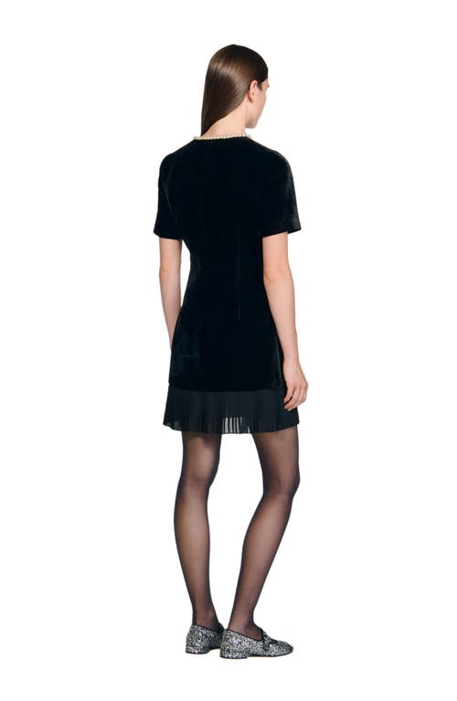 Sandro Womens Black Pearl-embellished Pleated-hem Velvet Mini Dress In Black