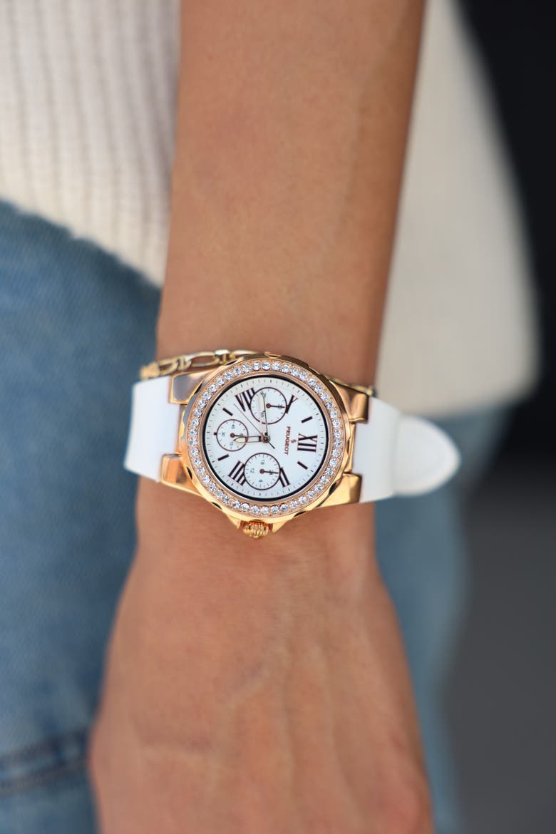 Summer Crystal Bezel Silicone Rubber Watch- 38MM, Alternate, color, White