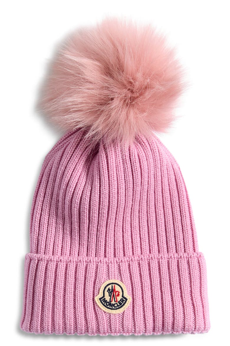 Kids' Merino Wool Rib Beanie with Faux Fur Pompom, Main, color, LIGHT PINK