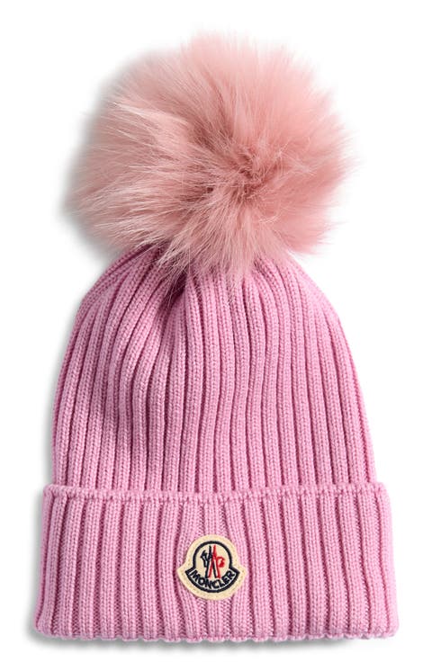 Kids' Merino Wool Rib Beanie with Faux Fur Pompom
