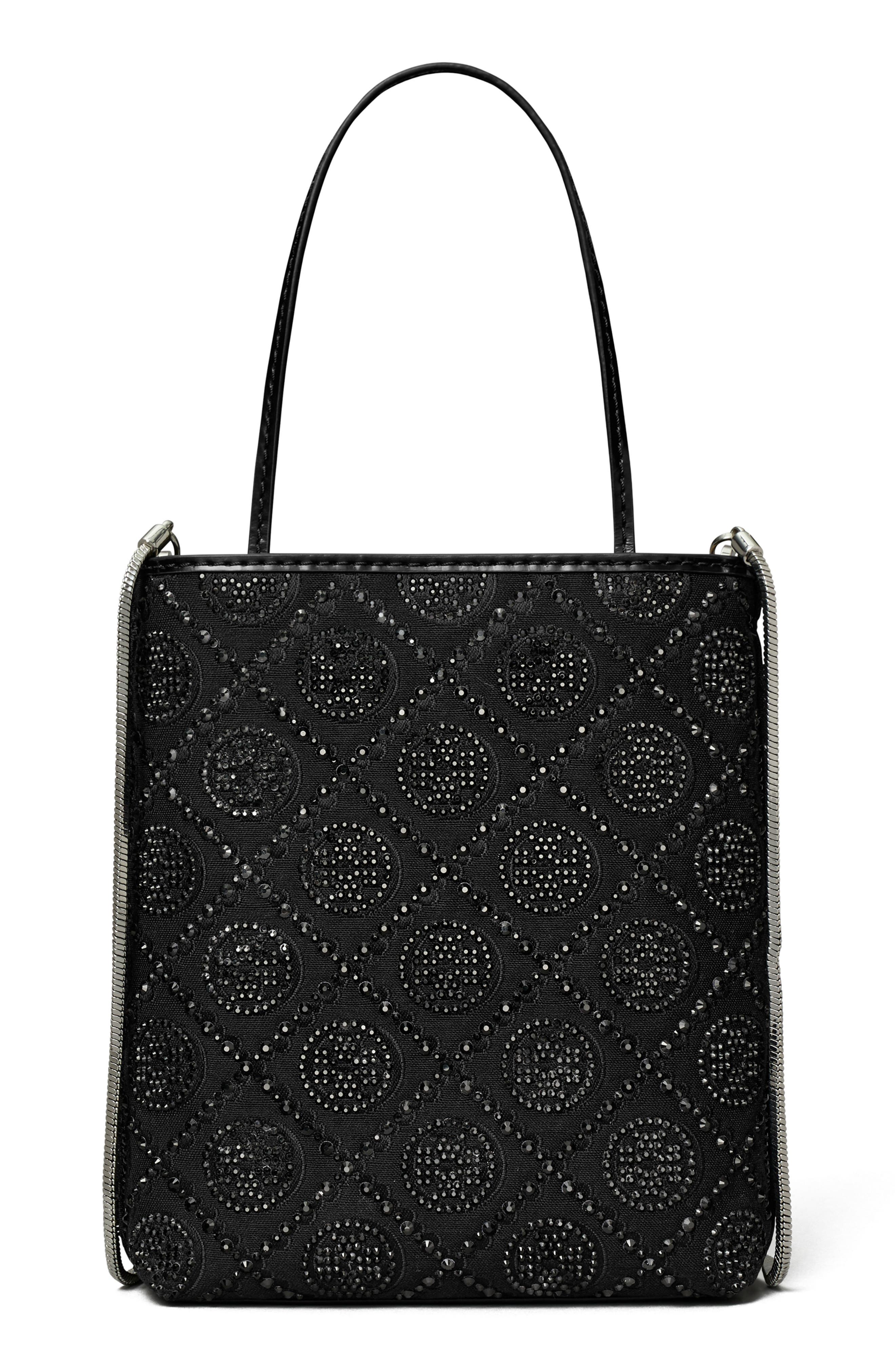 Tory Burch Key Item T Monogram Hotfix Embellished Top Handle Bag, Alternate, color, Black
