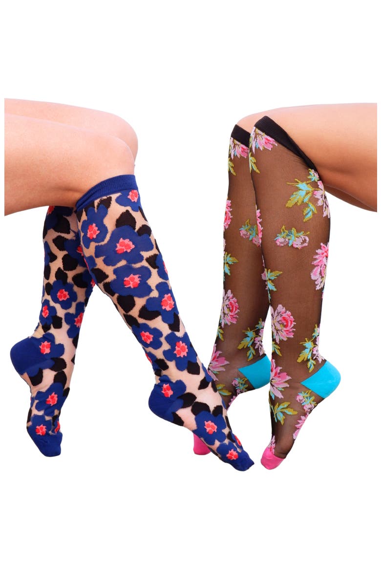 2-Pack Floral Sheer Knee High Socks, Main, color, BLUE/ BLACK