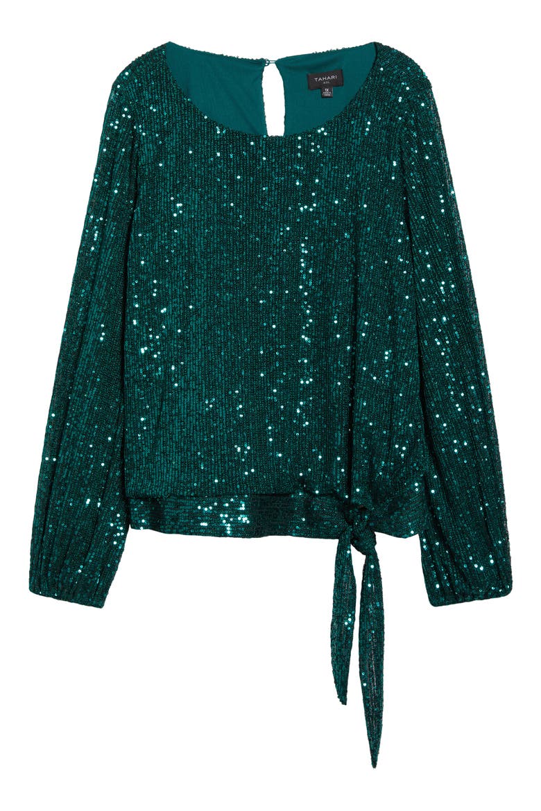 Sequin Tie Hem Top, Alternate, color, EMERALD