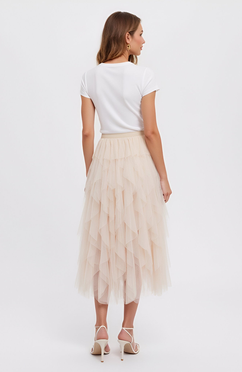 Modenaire Tiered Tulle Midi Skirt With Layered Ruffle Detail And Elastic Waistband In Neutral