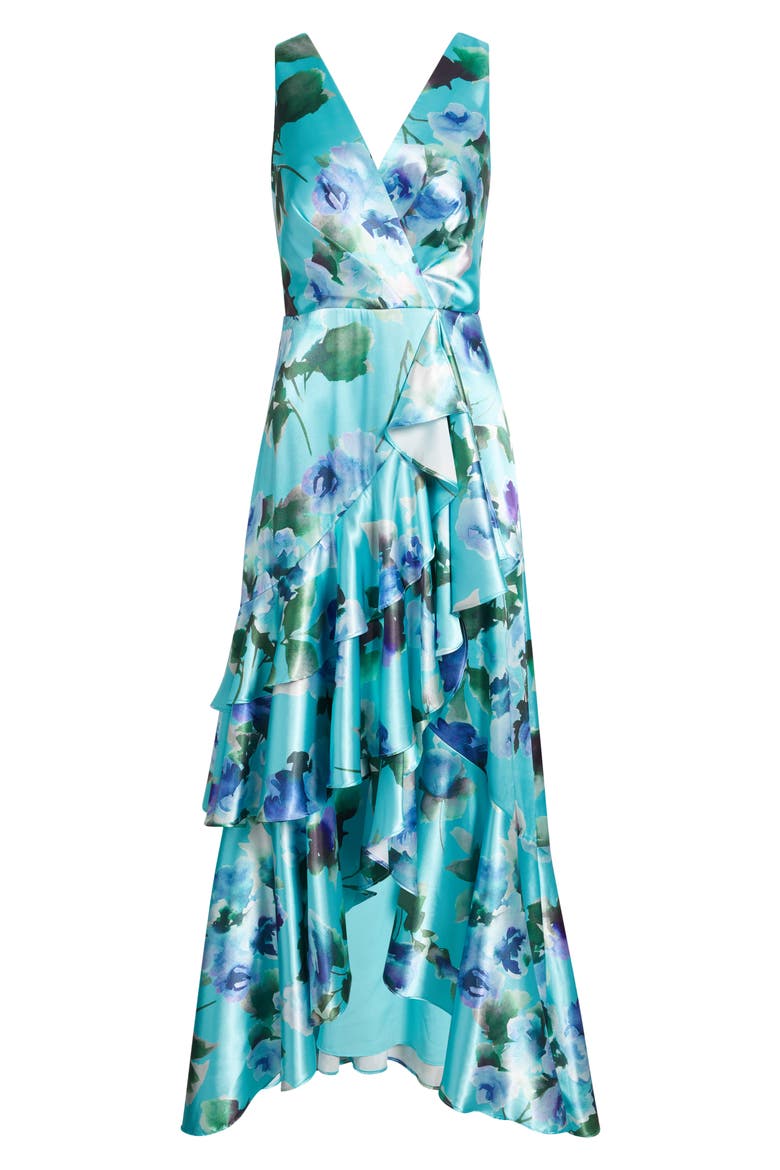 Social Tiered Satin High-Low Cocktail Dress, Alternate, color, AQUA