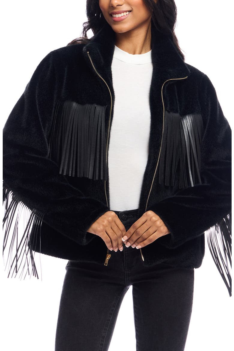 Farrah Faux Leather Fringe Faux Fur Jacket, Main, color, BLACK