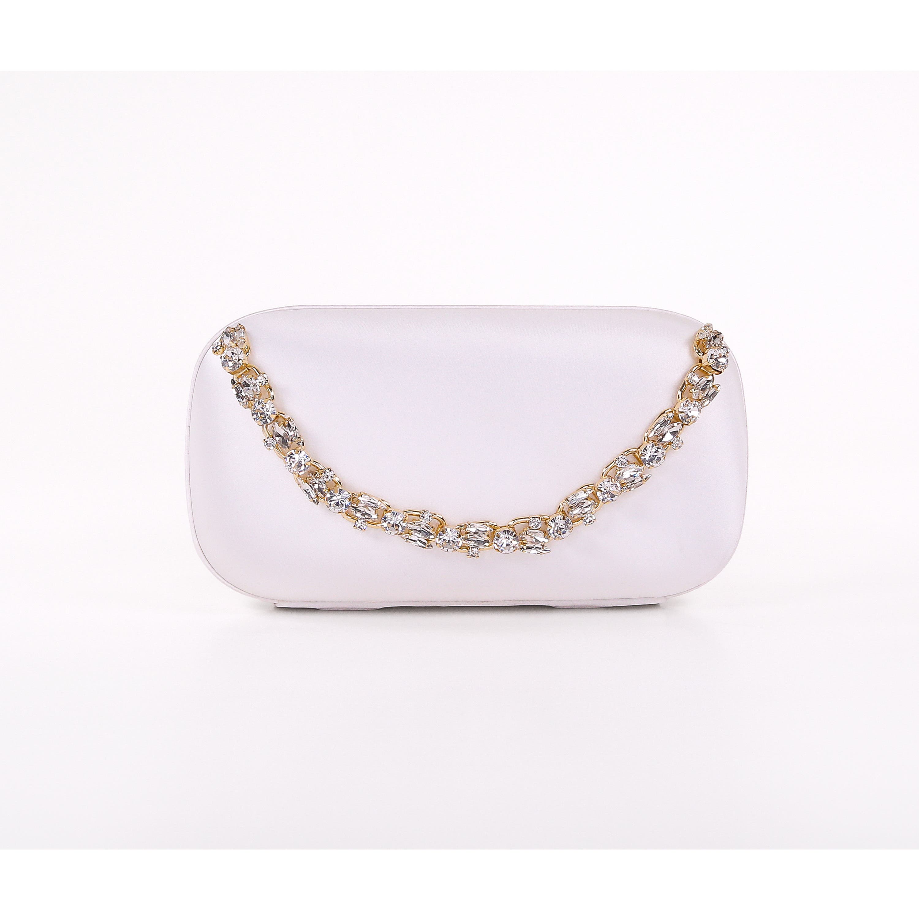 Celestine Satin Minaudiere with Crystal Necklace Handslip, Main, color, White