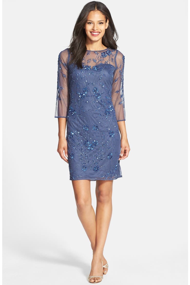 Embellished Illusion Yoke Mesh Dress, Alternate, color, MARLIN