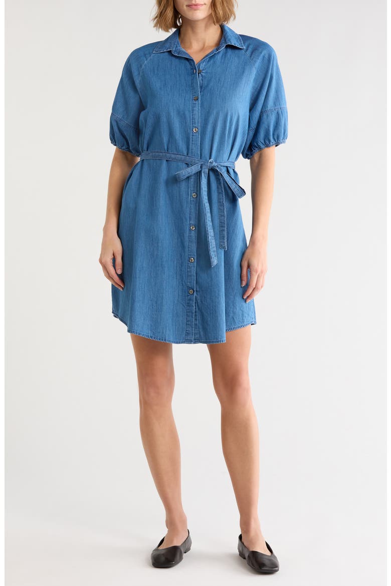Puff Sleeve Denim Shirt Dress, Main, color, MEDIUM WASH