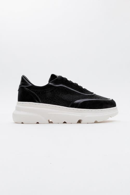 Forever & Always Shoes Polly Rhinestone Suede Leather Platform Sneakers In Black Suede Leather