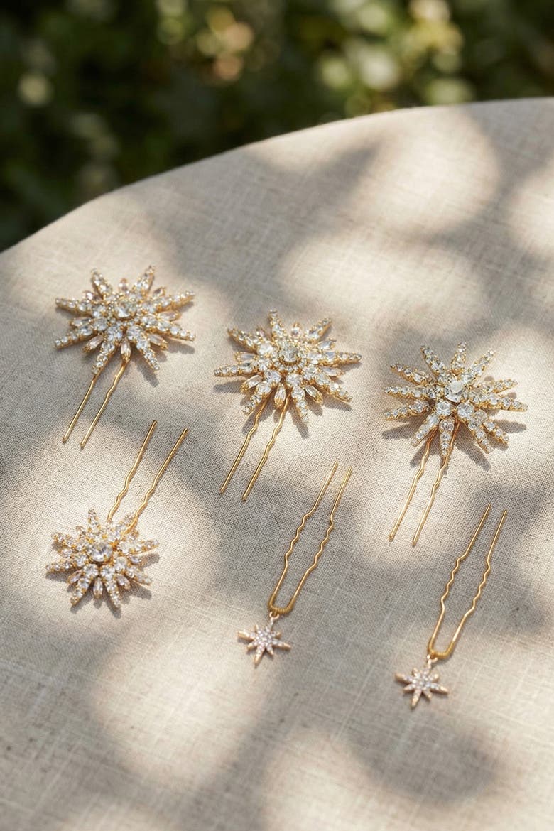 Celeste Crystal U Hair Pins - Set of 6 - Gold, Alternate, color, Gold
