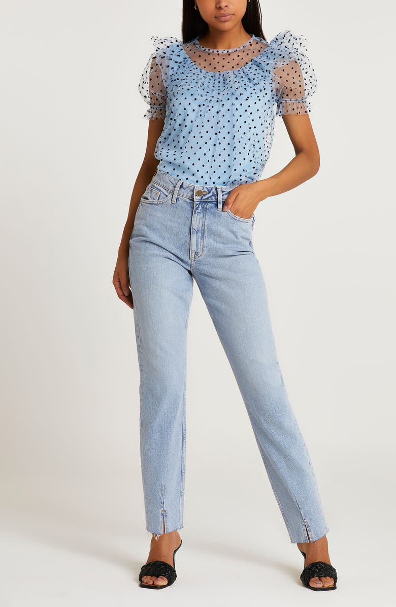 River Island Swiss Dot Ruffle Mesh Top, Alternate, color,